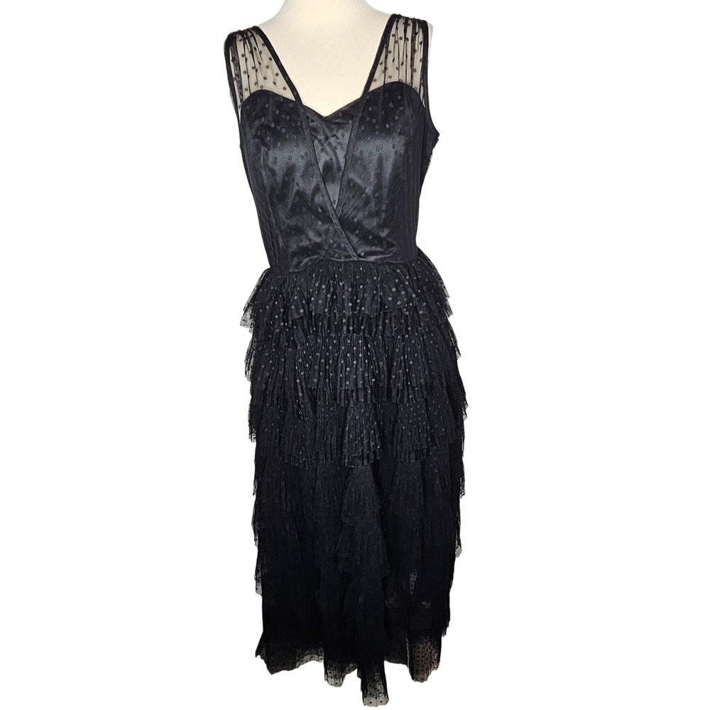 Collectif Vintage Courtney Polka Dot Mesh Tiered Swing Dress Black NWT Size M